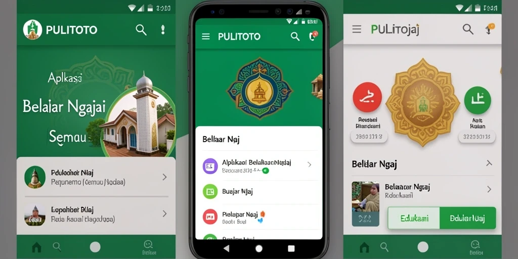 Tampilan antarmuka pengguna PULITOTO untuk Belajar Ngaji yang interaktif.